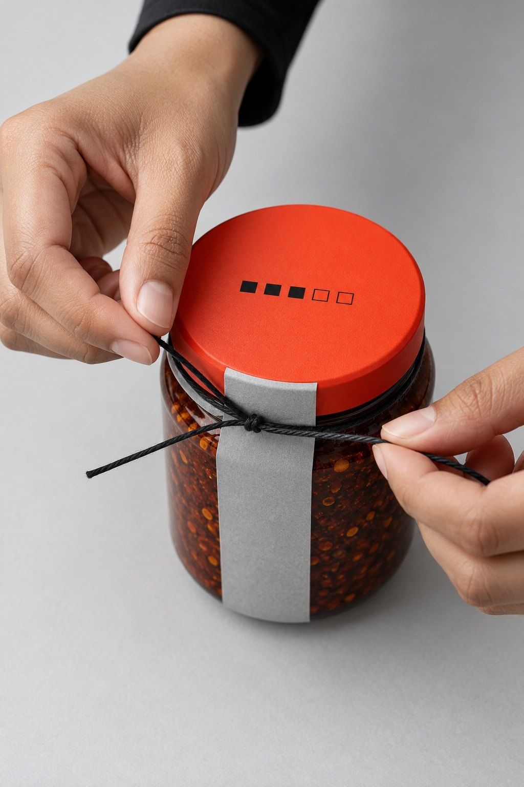 Close view of one jar lid with a printed heat scale and a hand tying the paper band