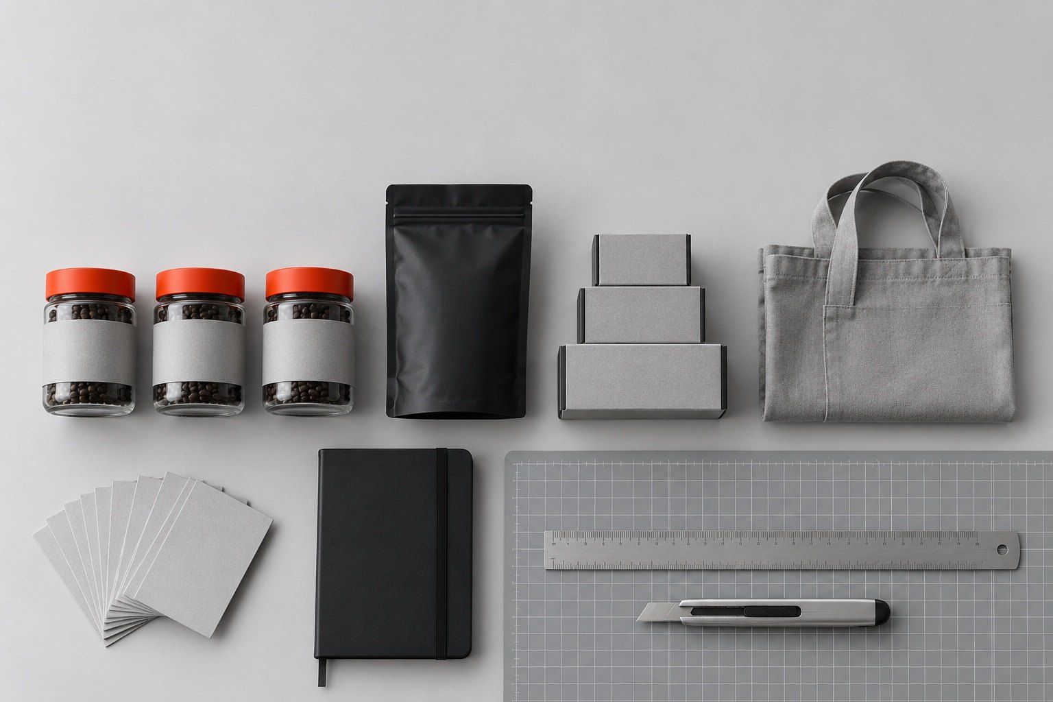 Jars, a coffee bag, soap boxes, a canvas tote and printed cards laid out on a grey studio table under cool light