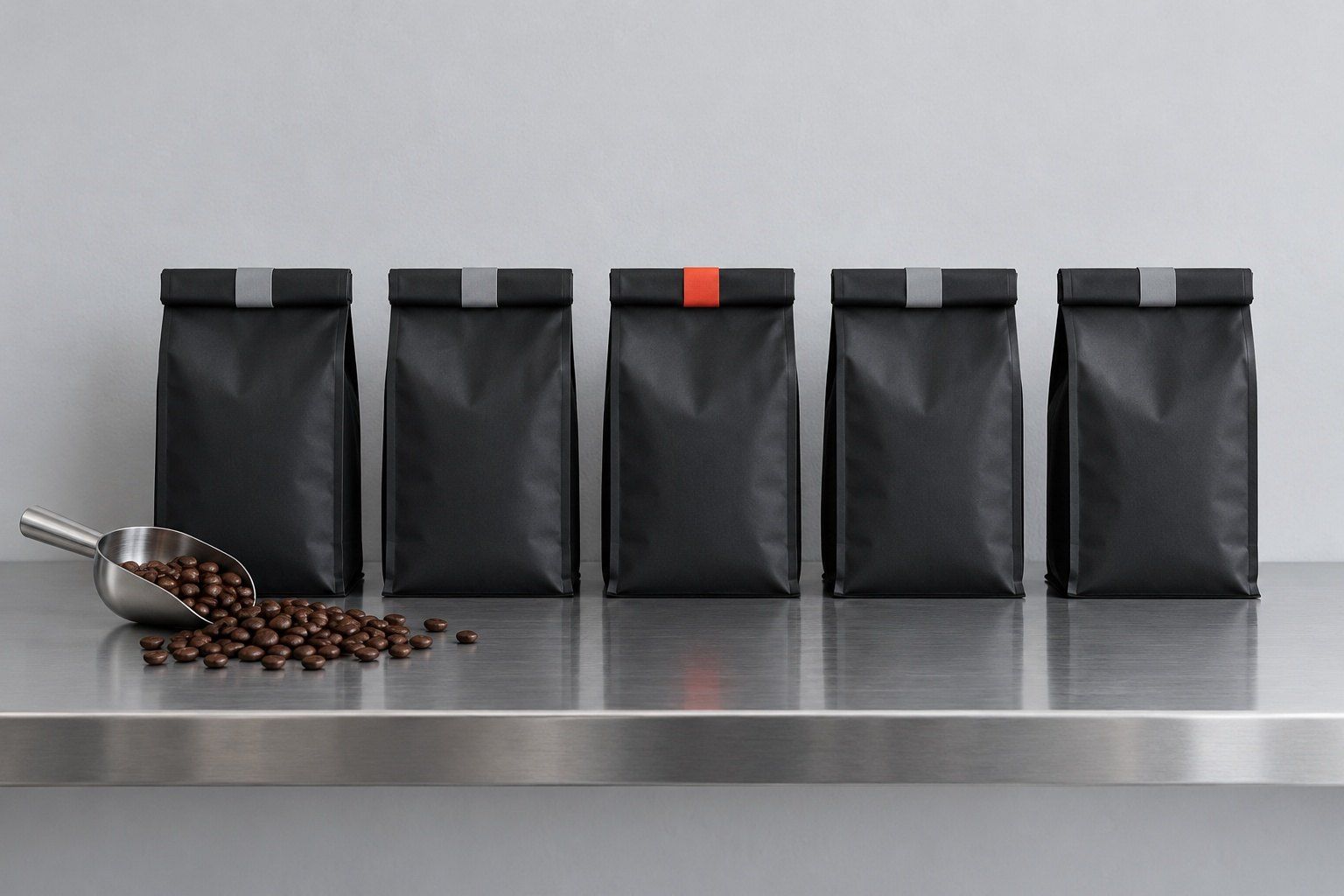 Matte coffee bags standing in a row on a steel shelf