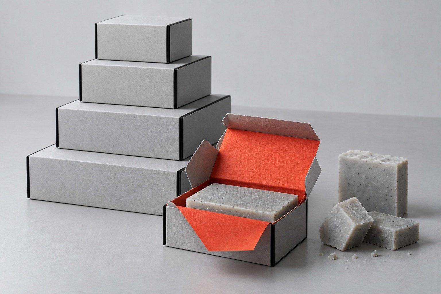 Small soap boxes stacked in a stepped tower, one open to show the bar